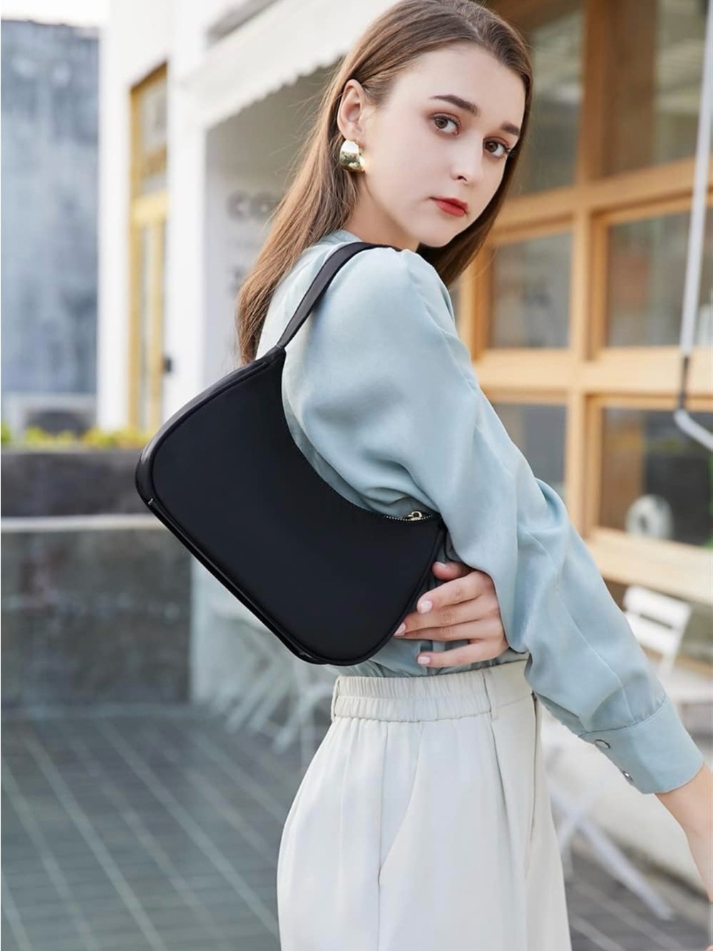 Black Nylon Mini Shoulder Bag Hobo Purse Y2K Crescent Zip Handbag